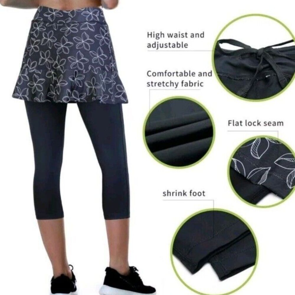 ANIVIVO Size Large Women's‎ Black & Gray Floral Running Legging Skirt Athleisure
